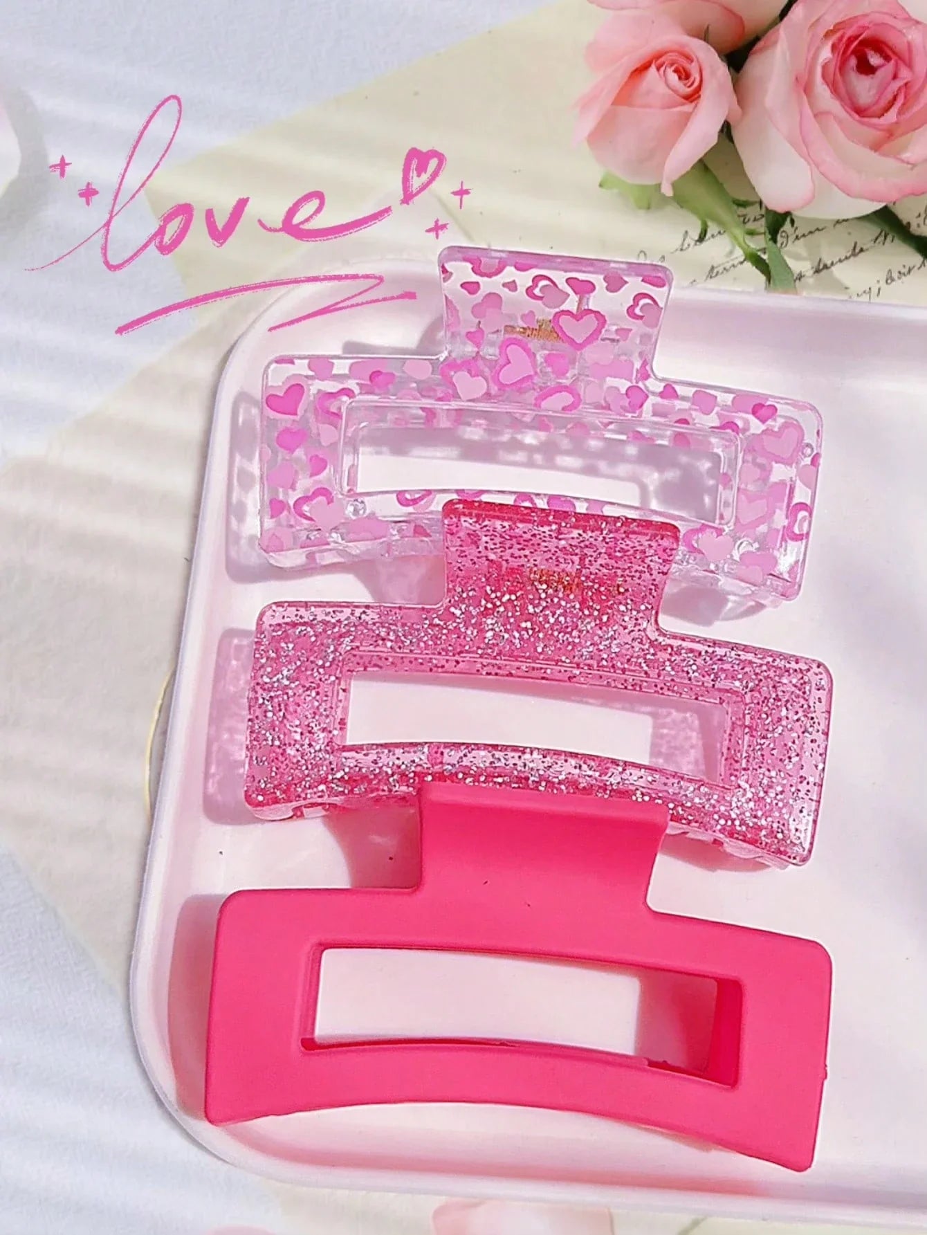 Fuchsia Heart Glitter Hair Clips