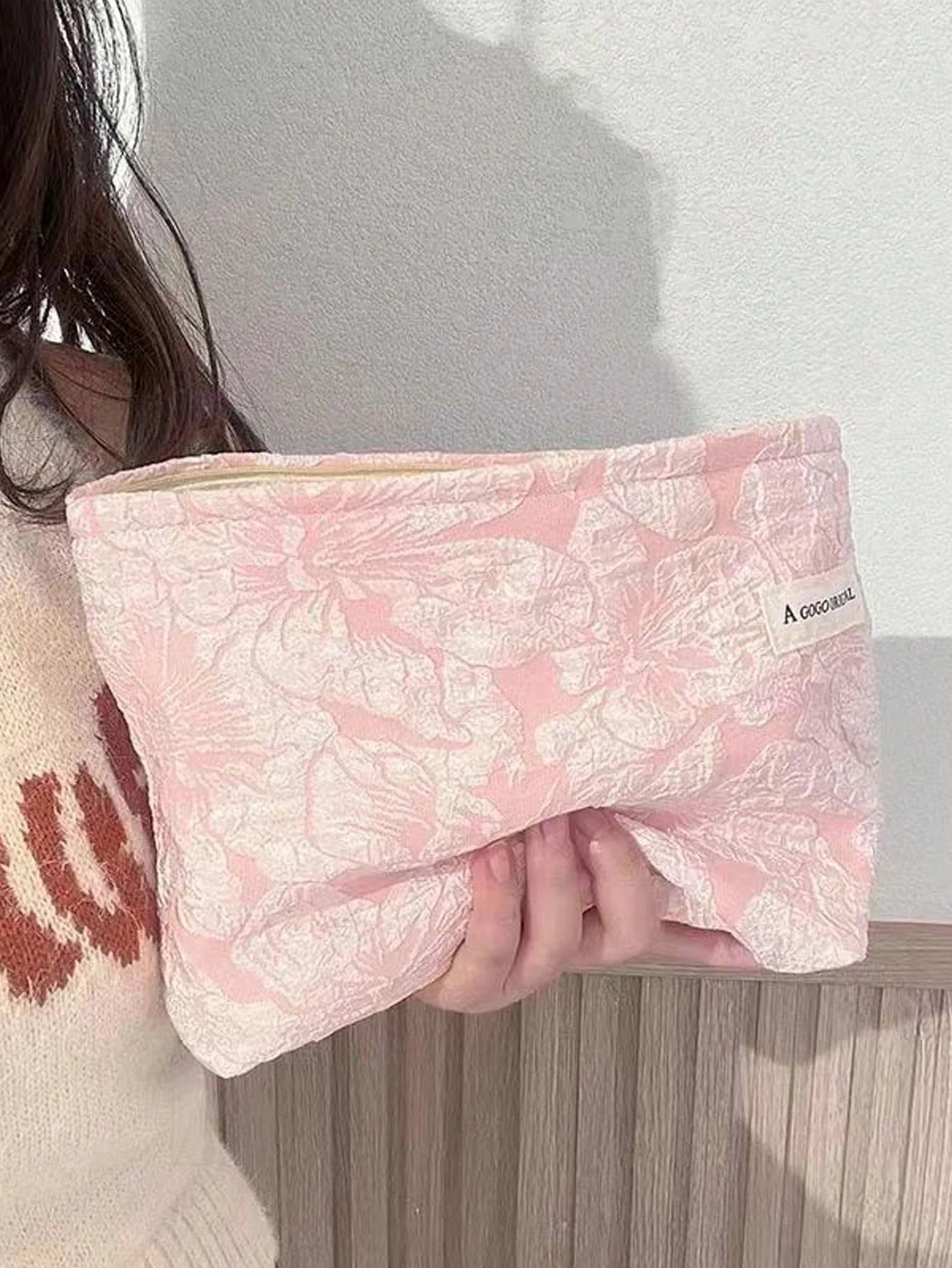 Pink Floral Jacquard Cosmetic Bag
