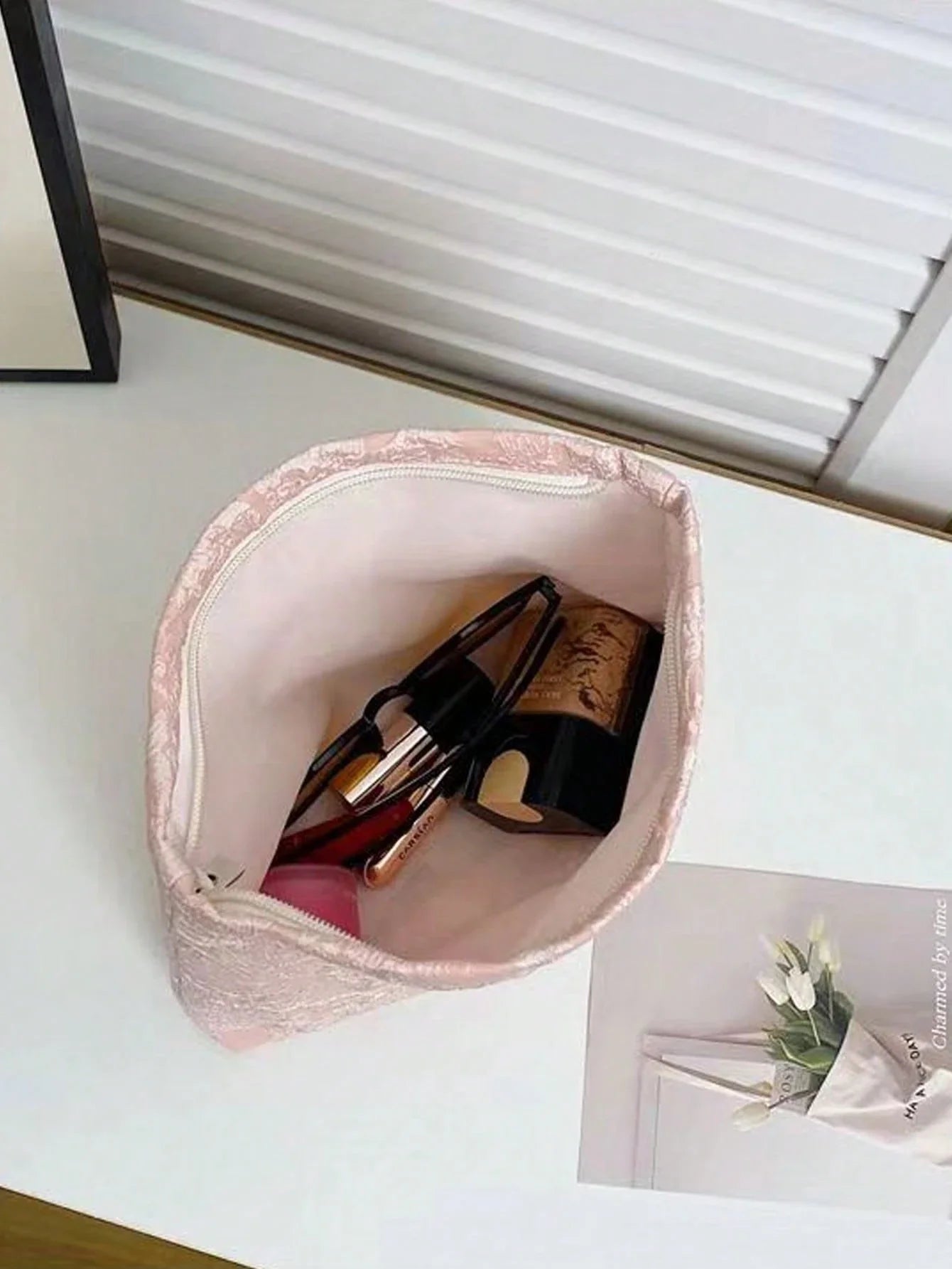 Pink Floral Jacquard Cosmetic Bag