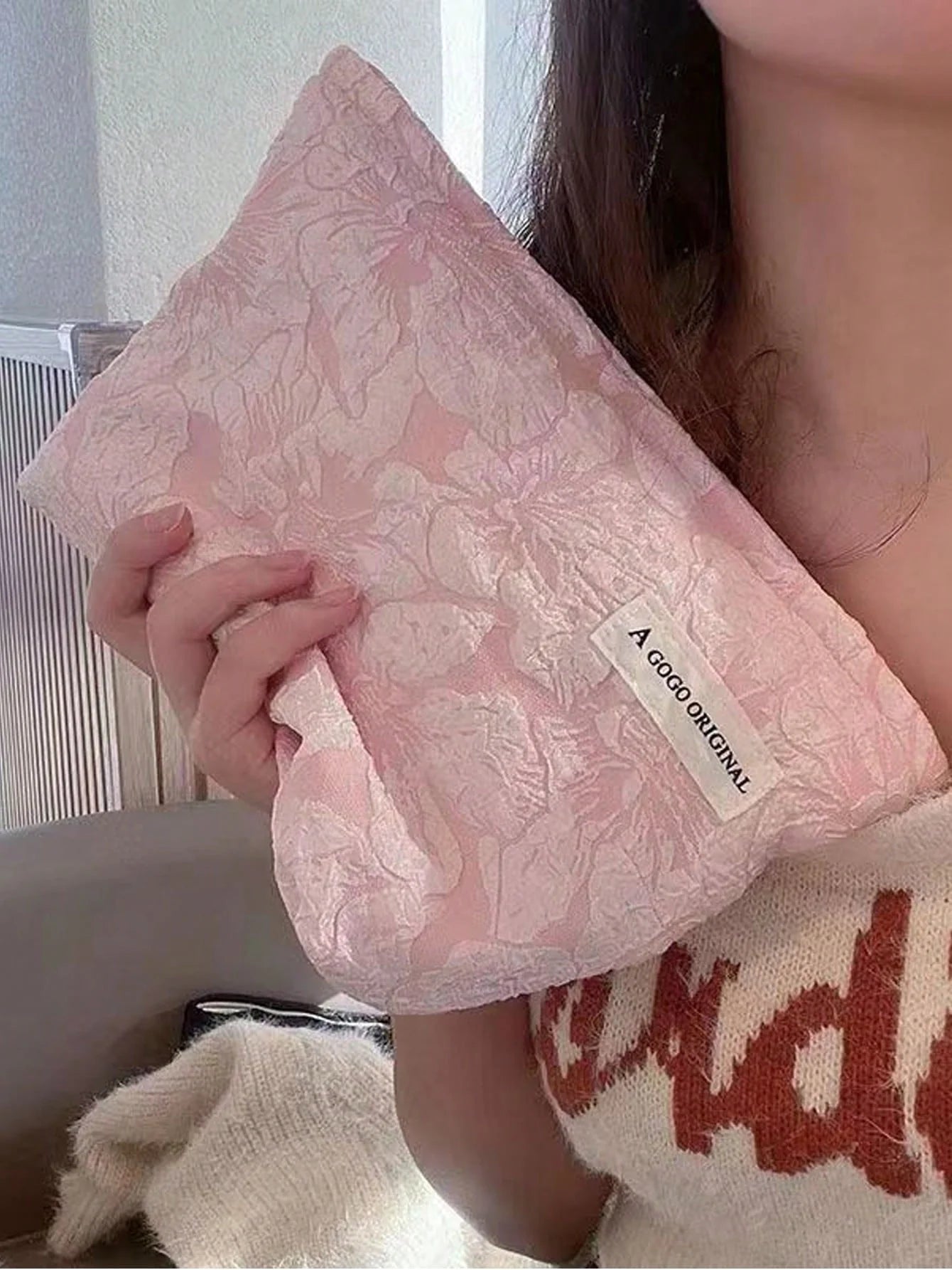 Pink Floral Jacquard Cosmetic Bag