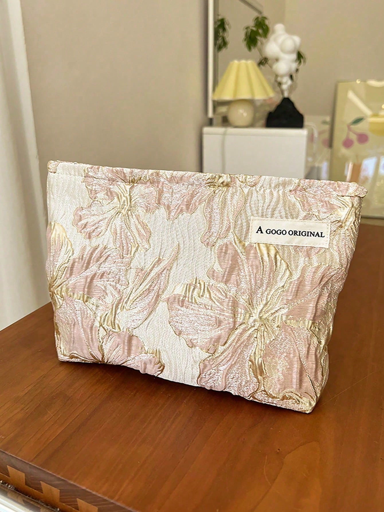 Pink Floral Jacquard Cosmetic Bag